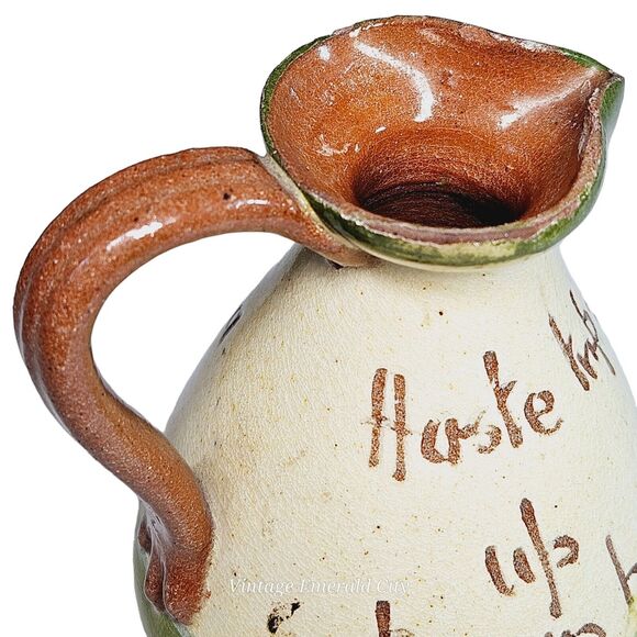 Torquay Devon Motto Creamer Mini Pitcher & Wooden Stand Set Red Pottery England - Picture 3 of 16